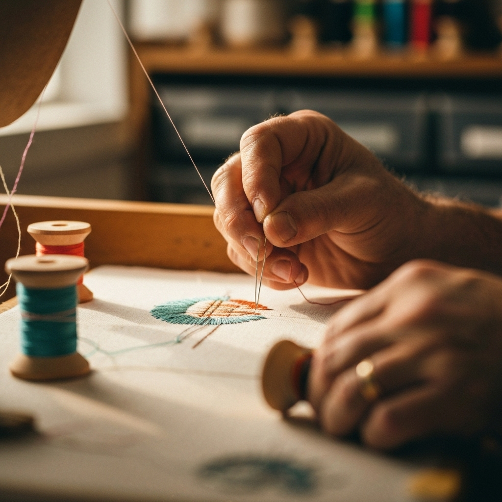 Skilled hands crafting custom embroidery with attention to detail